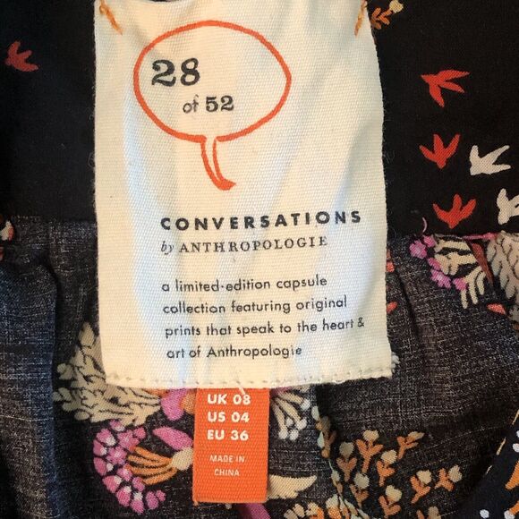 Anthropologie 28 of 52 Conversations Black Button-Up Birds Orange Pink Size 4 - Picture 3 of 10